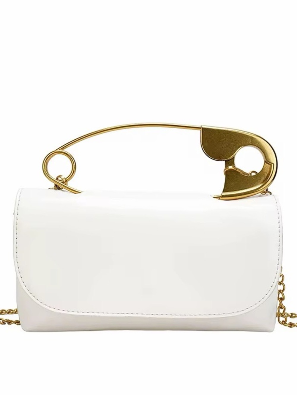 White Leatherette Safety-Pin Accent Shoulder Bag - Gold Hardware